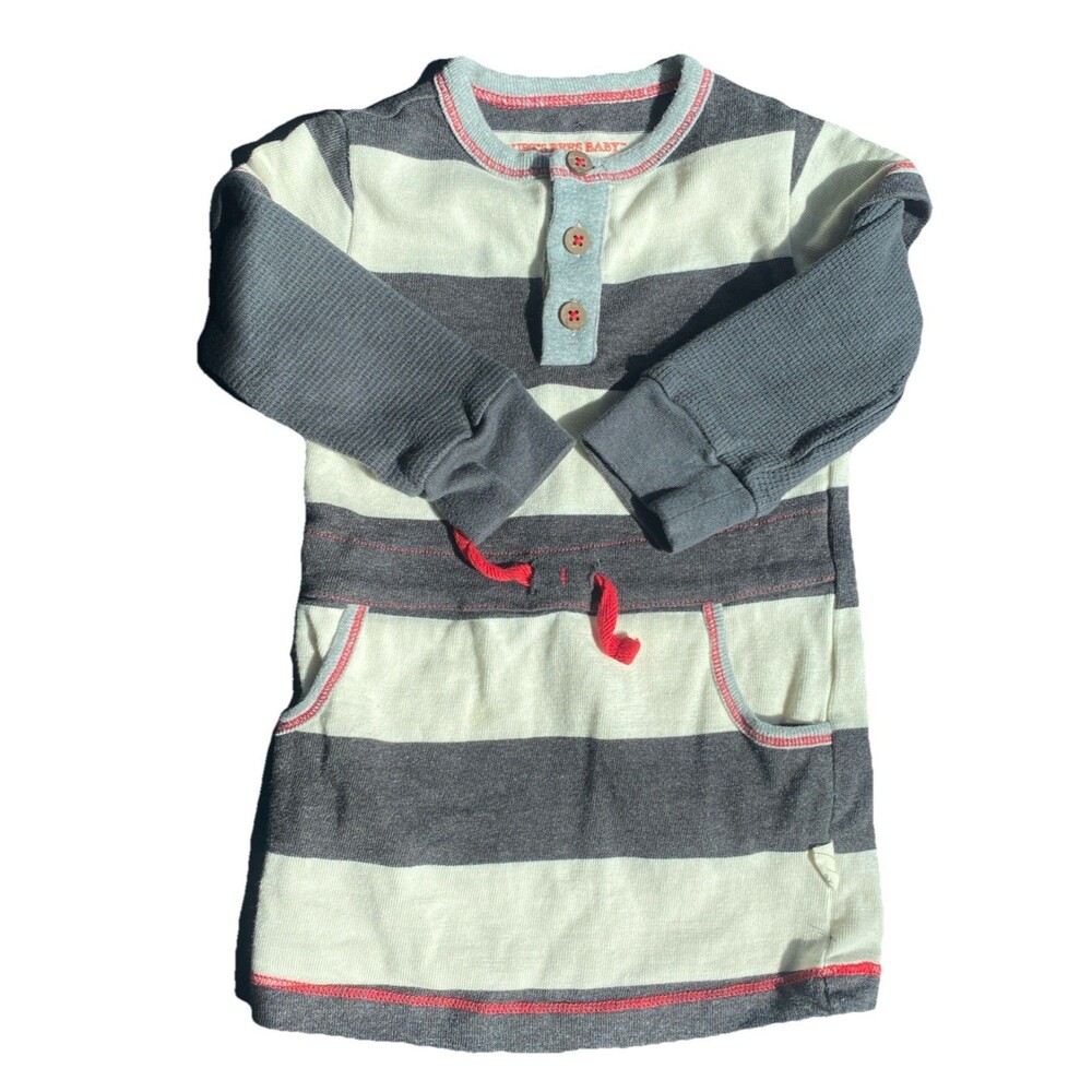 Organic Cotton Dress  12 Months Gray Cream Stripes Pockets Burts Bees